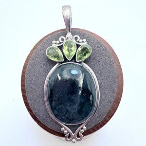 VTG Sterling Silver 925 Moss Agate Peridot Bezel Set Pendant Size 2.25" Length
